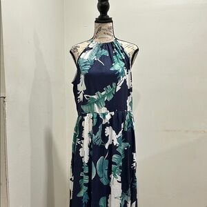 Tropical Blue Halter Long Dress Medium